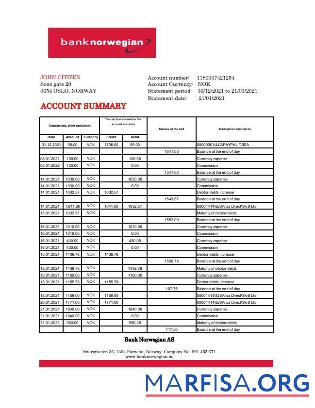 Blank Norway Bank Norwegian AS bank statement excel real example